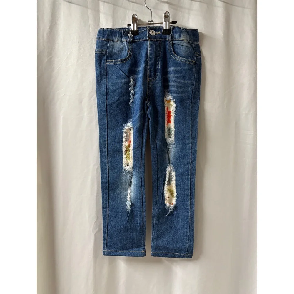 Kids Distressed Floral‎ Patchwork Jeans Medium Wash Ripped Straight Leg Denim